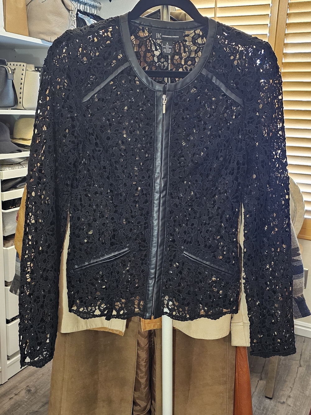 INC International Concepts Black Lace Zip-Front Blazer. Size S.